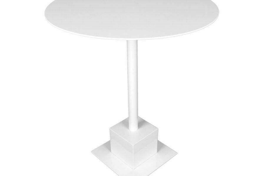 Geometryczny stolik kawowy wykonany z metalu z ogrągłym blatem. Producent Sigma Design.