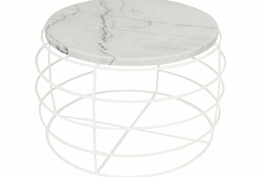 Biały stolik pomocniczy Fermium z kamiennym, okrągłym blatem kwarcowym. Producent Sigma Design.