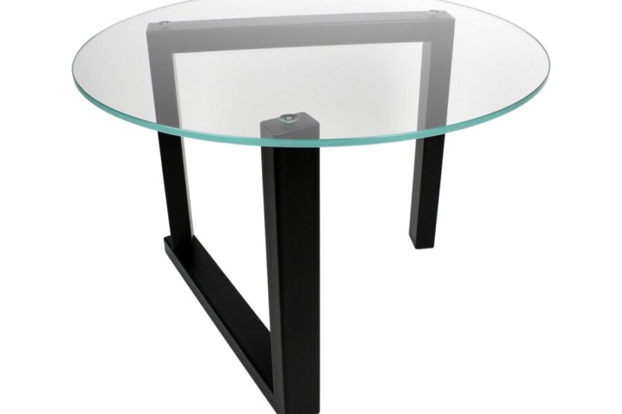 Szklany, okrągły stolik Neon z czarną podstawą. Producent Sigma Design.